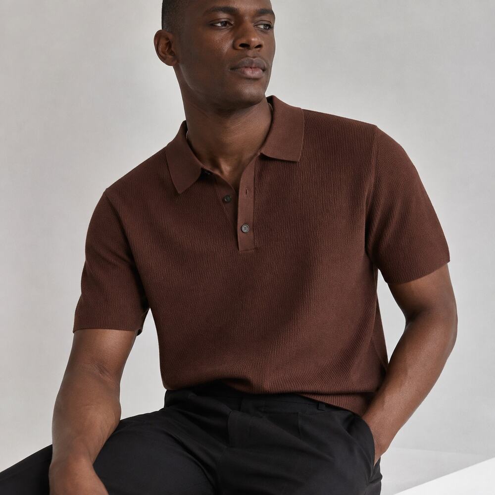 Cos Ribbed Boucle Polo Shirt Mens M Brown Slim Coupe Etroite Short Sleeve NWT